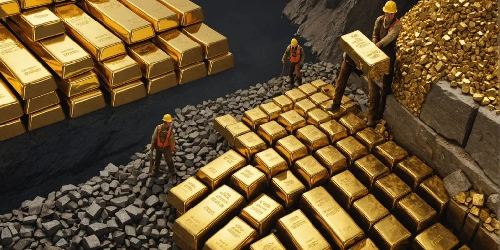 Gold mining operation and gold bars comparison