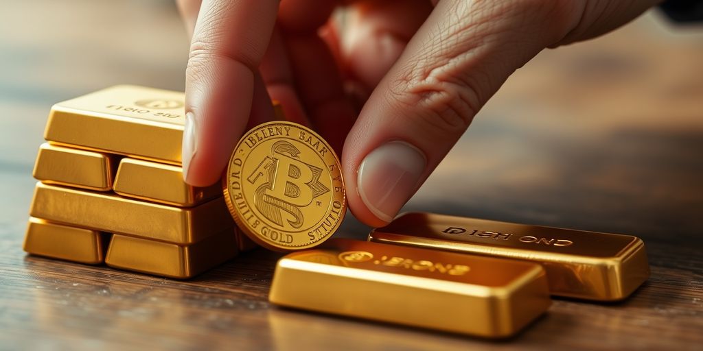 Hand holding gold coin beside gold bars.